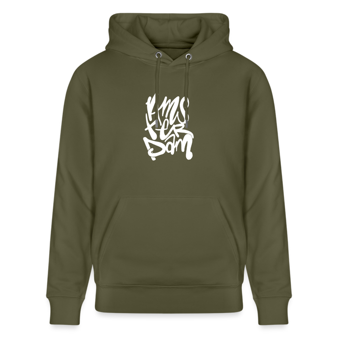 Witte letters Amsterdam trui. Uniseks bio-hoodie. - kakigroen