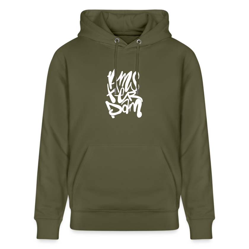 Witte letters Amsterdam trui. Uniseks bio-hoodie. - kakigroen