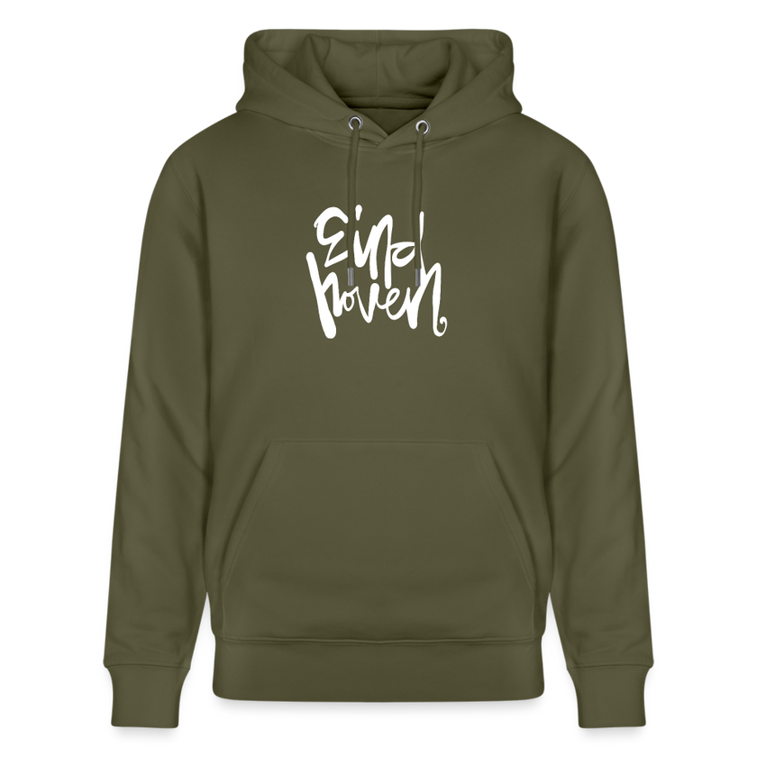 Witte letters Eindhoven trui. Uniseks bio-hoodie. - kakigroen