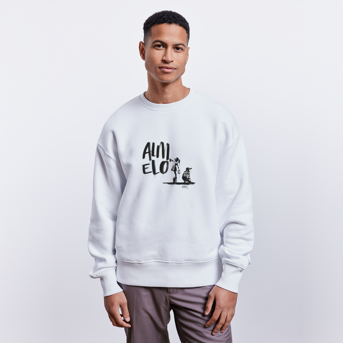 Boefjes Almelo. Uniseks oversize bio-sweater. - wit