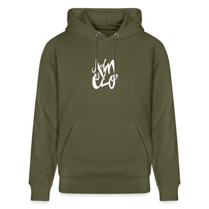 Witte letters Almelo trui. Uniseks bio-hoodie. - kakigroen