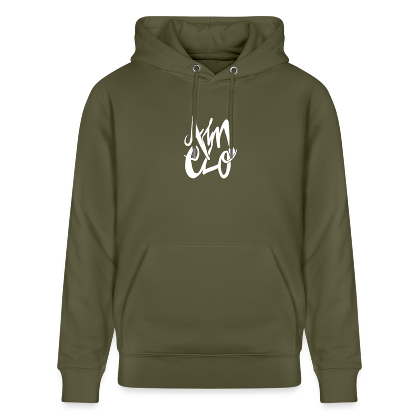 Witte letters Almelo trui. Uniseks bio-hoodie. - kakigroen