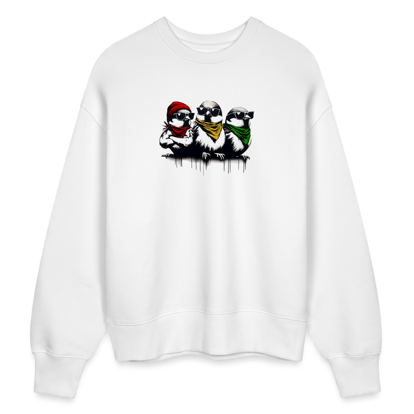 Three little bad #ss birds trui. Uniseks oversize bio-sweater - wit