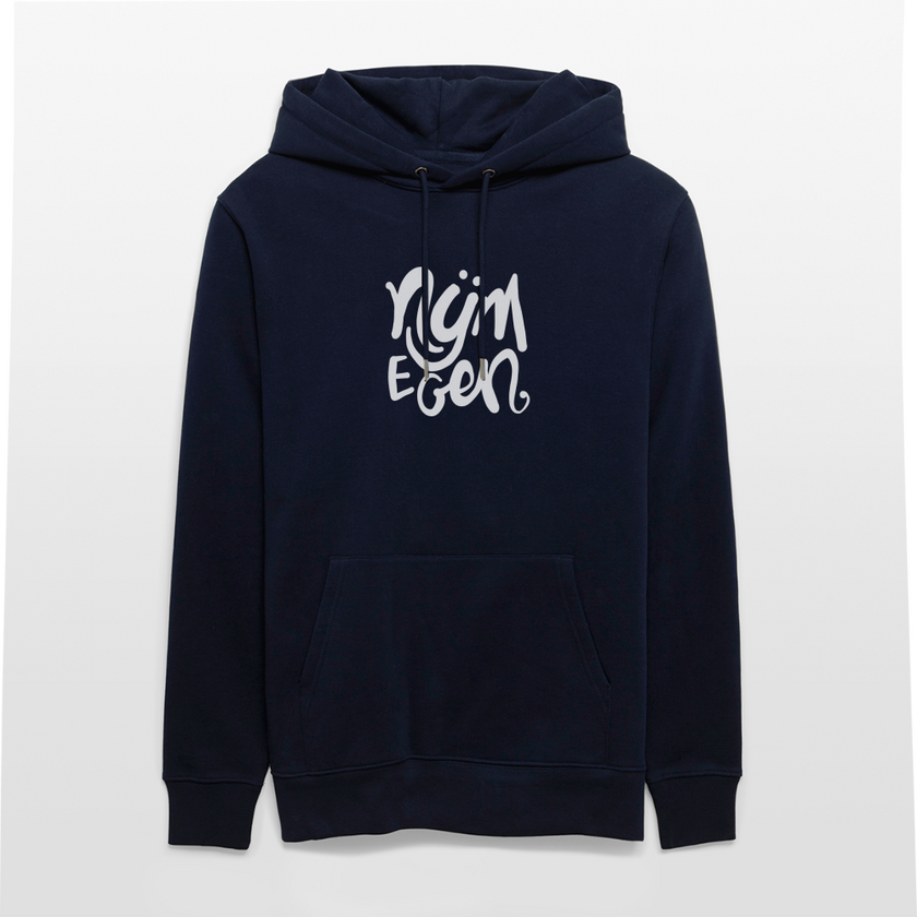 Witte letters Nijmegan trui. Uniseks bio-hoodie. - marine