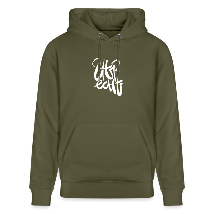 Witte letters Utrecht trui. Uniseks bio-hoodie. - kakigroen