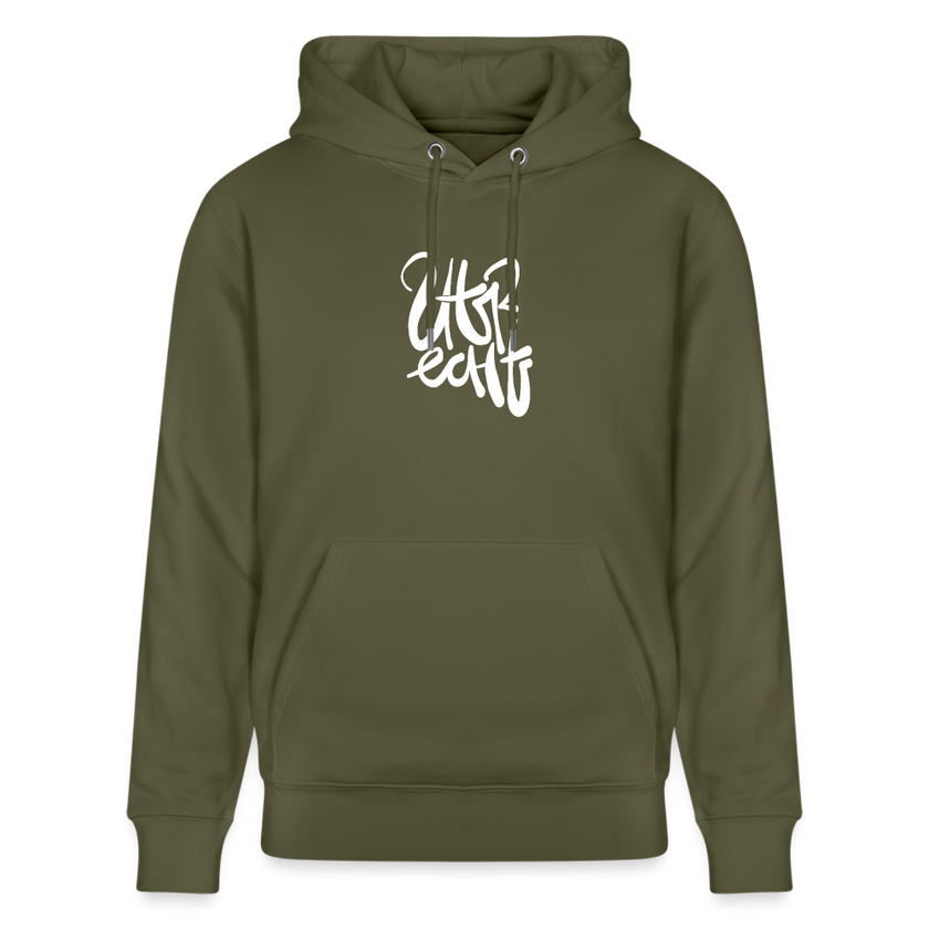 Witte letters Utrecht trui. Uniseks bio-hoodie. - kakigroen