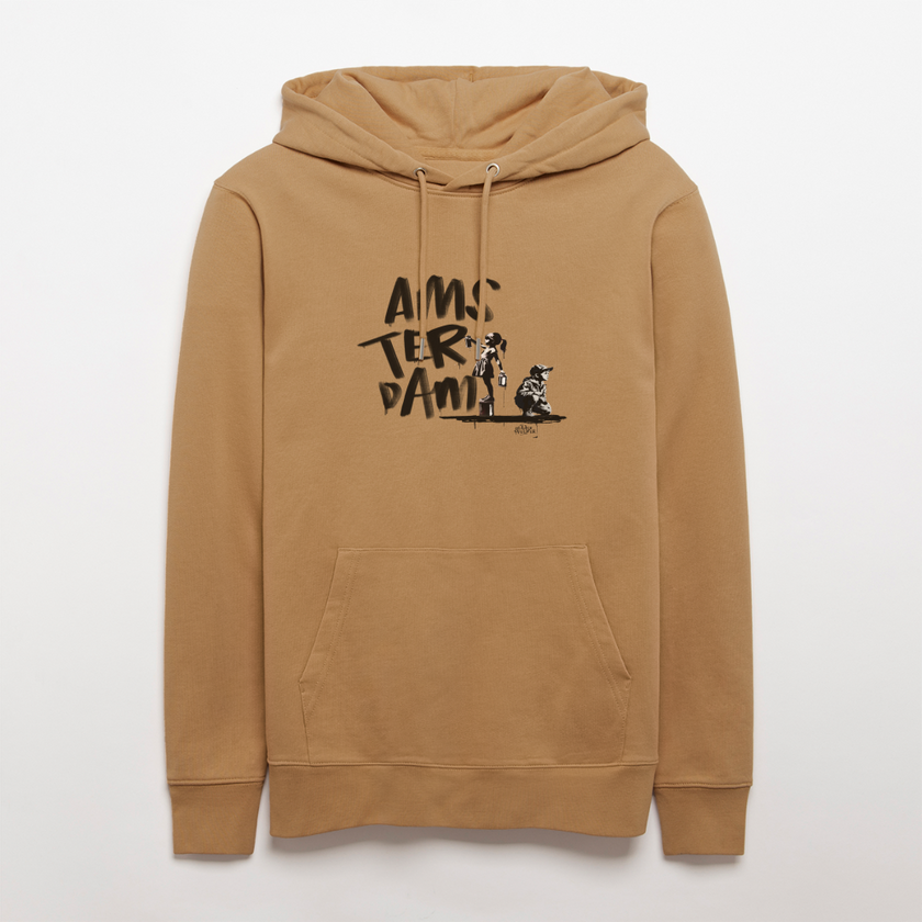 Boefjes Amsterdam. Uniseks bio-hoodie. - Latte