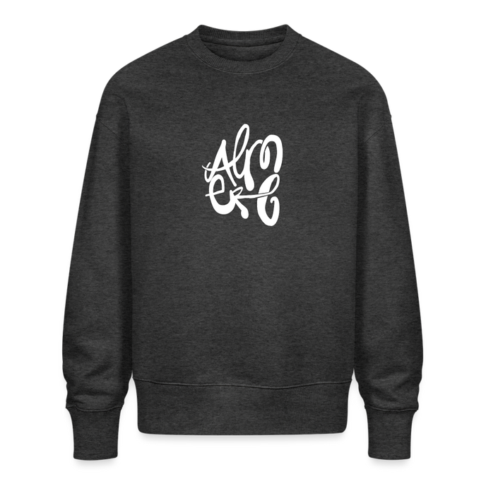 Witte letters Almere trui. Uniseks oversize bio-sweater. - donkergrijs gemêleerd