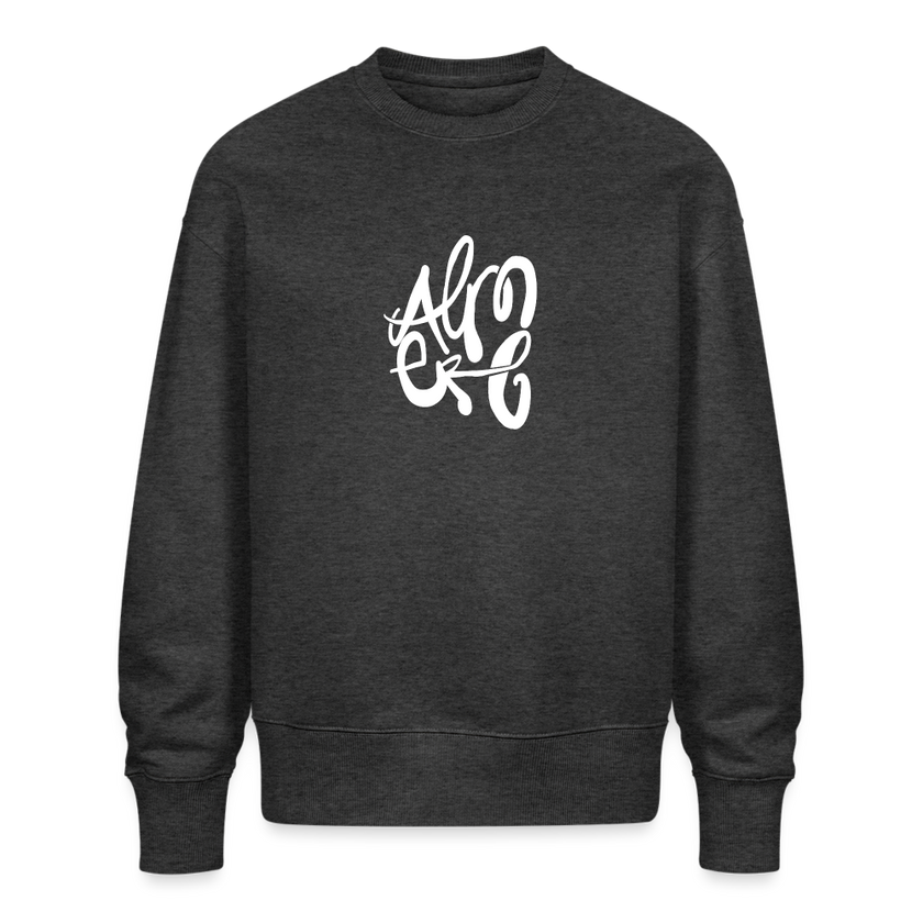 Witte letters Almere trui. Uniseks oversize bio-sweater. - donkergrijs gemêleerd