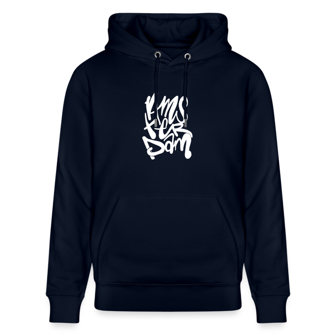 Witte letters Amsterdam trui. Uniseks bio-hoodie. - marine