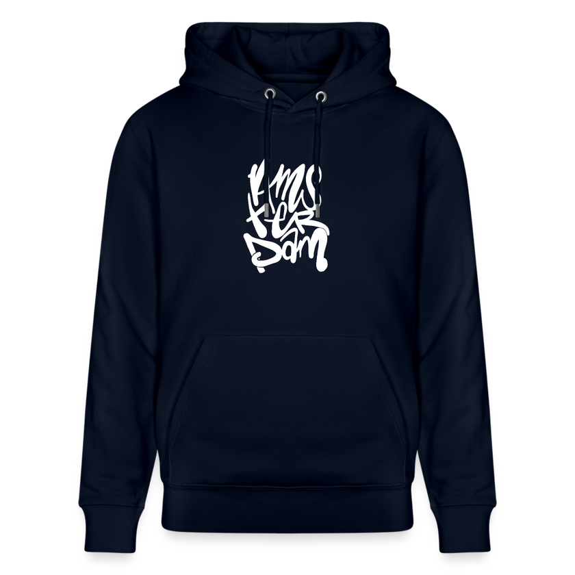 Witte letters Amsterdam trui. Uniseks bio-hoodie. - marine