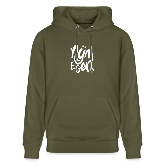 Witte letters Nijmegan trui. Uniseks bio-hoodie. - kakigroen