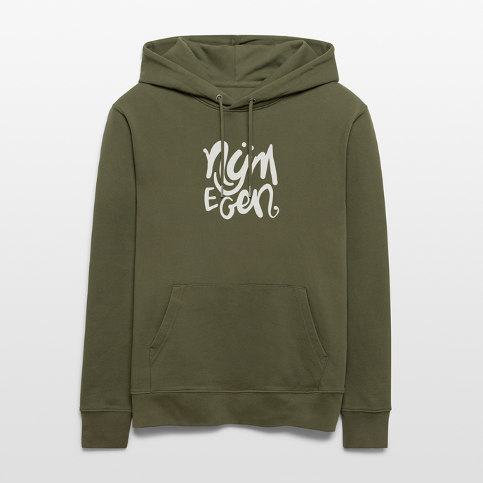 Witte letters Nijmegan trui. Uniseks bio-hoodie. - kakigroen