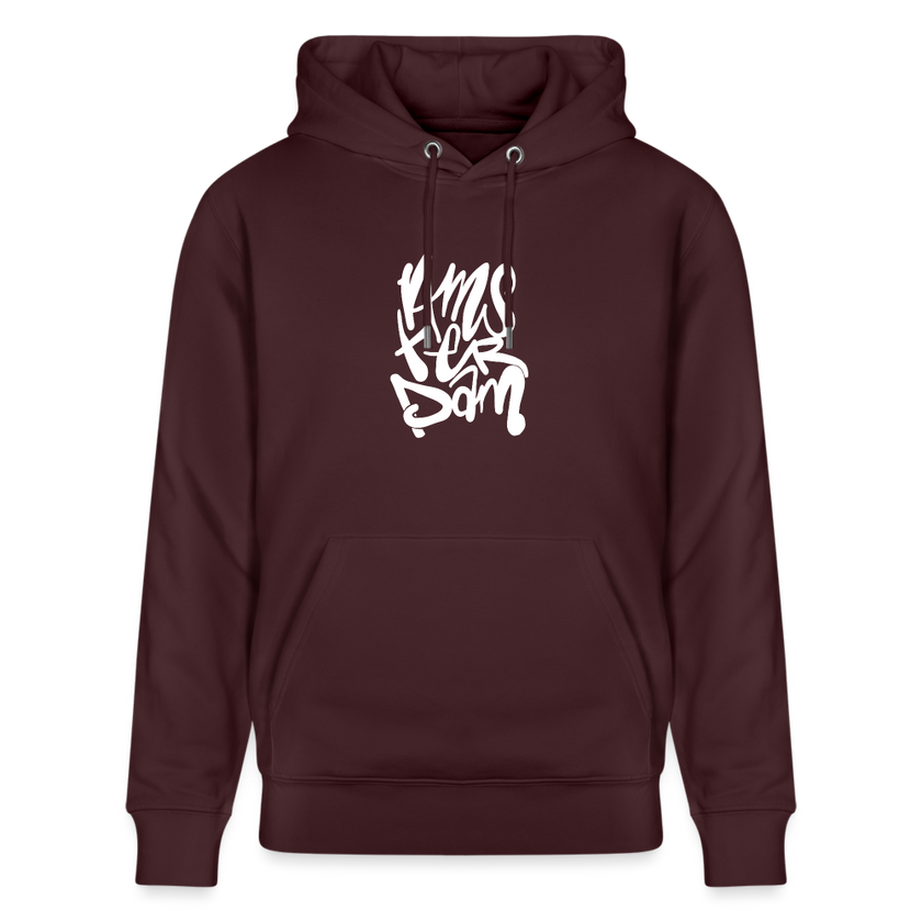 Witte letters Amsterdam trui. Uniseks bio-hoodie. - maroon