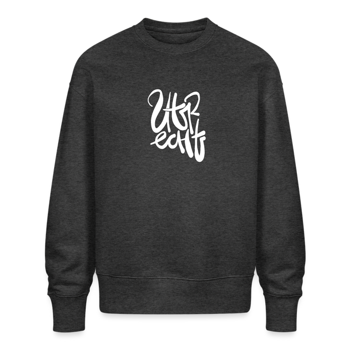 Witte letters Utrecht trui. Uniseks oversize bio-sweater. - donkergrijs gemêleerd