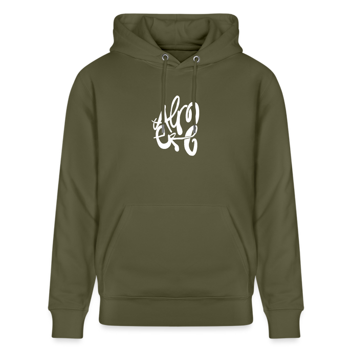 Witte letters Almere trui. Uniseks bio-hoodie. - kakigroen