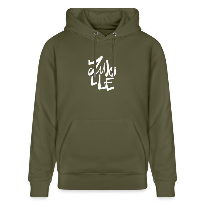 Witte letters Zwolle hoodie. Uniseks bio-hoodie. - kakigroen