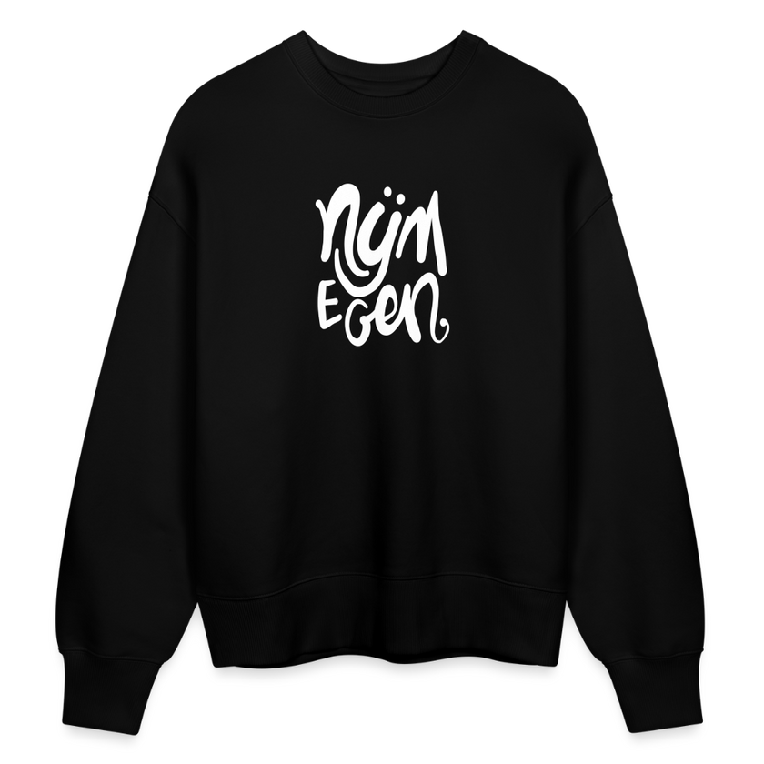 Witte letters Nijmegan trui. Uniseks oversize bio-sweater. - zwart