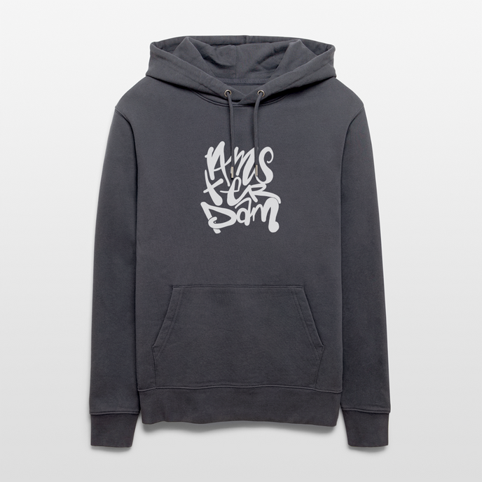 Witte letters Amsterdam trui. Uniseks bio-hoodie. - indigo