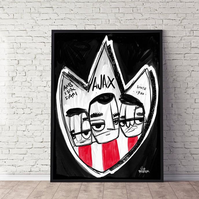 Ajax Amsterdam kunst, schild met drie Ajax Fans - Hans Breuker