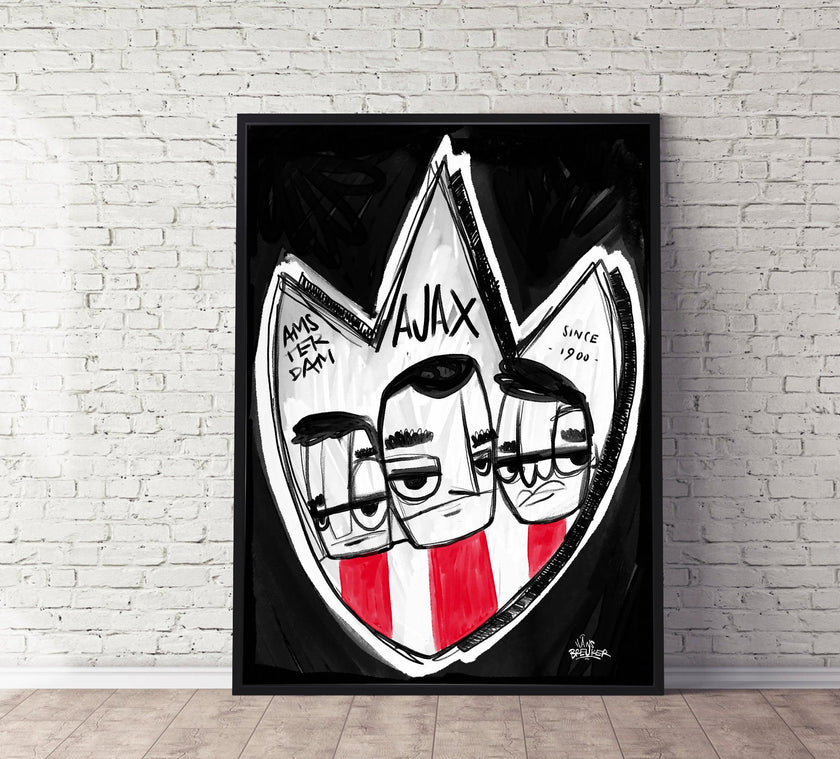 Ajax Amsterdam kunst, schild met drie Ajax Fans - Hans Breuker