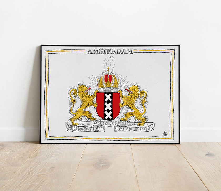 Wapen van Amsterdam, Liggend stadswapen Amsterdam poster, lijst, canvas lijst, illustratie Hans Breuker