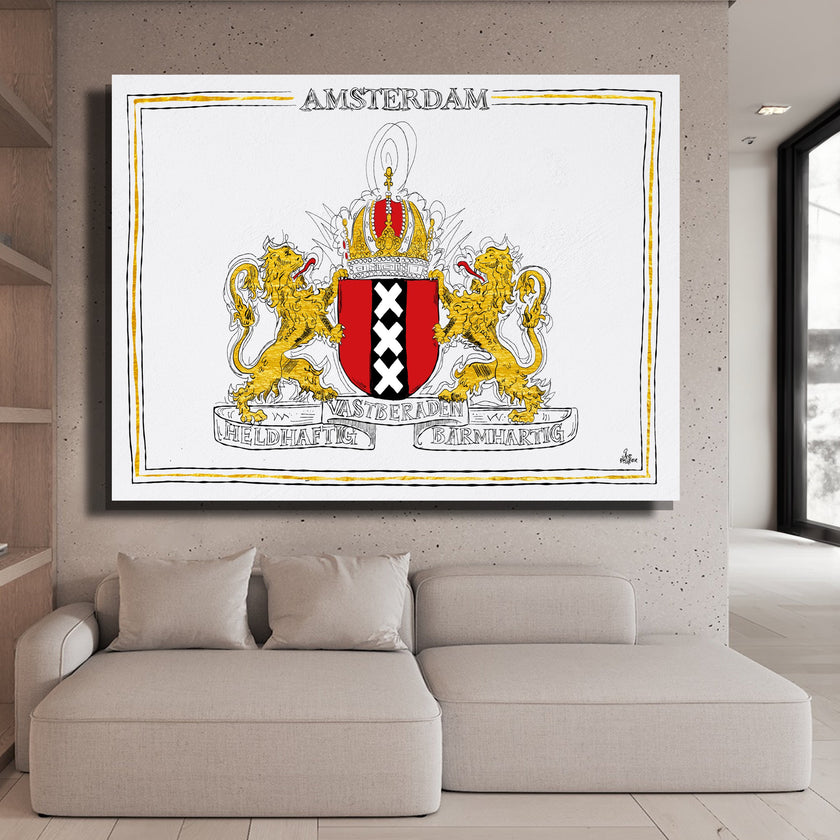 Wapen van Amsterdam, Liggend stadswapen Amsterdam poster, lijst, canvas lijst, illustratie Hans Breuker