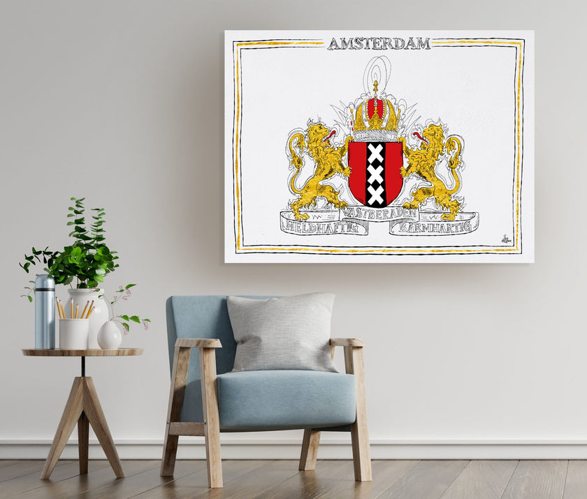 Wapen van Amsterdam, Liggend stadswapen Amsterdam poster, lijst, canvas lijst, illustratie Hans Breuker