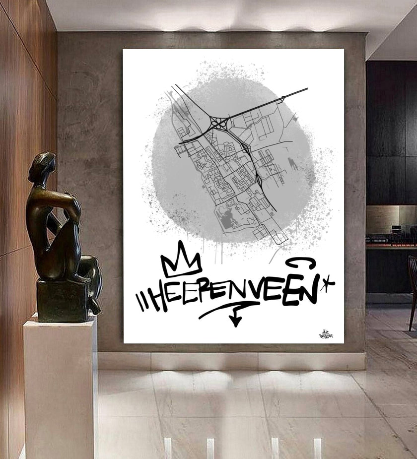 Stadsplattegrond poster van Heerenveen streetart stijl