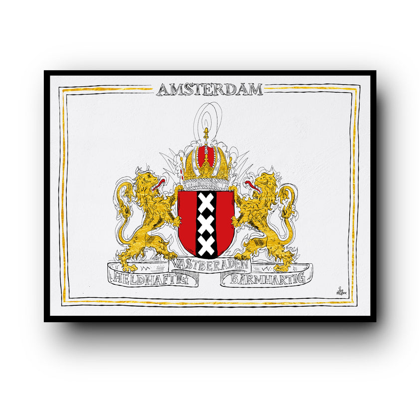 Wapen van Amsterdam, Liggend stadswapen Amsterdam poster, lijst, canvas lijst, illustratie Hans Breuker